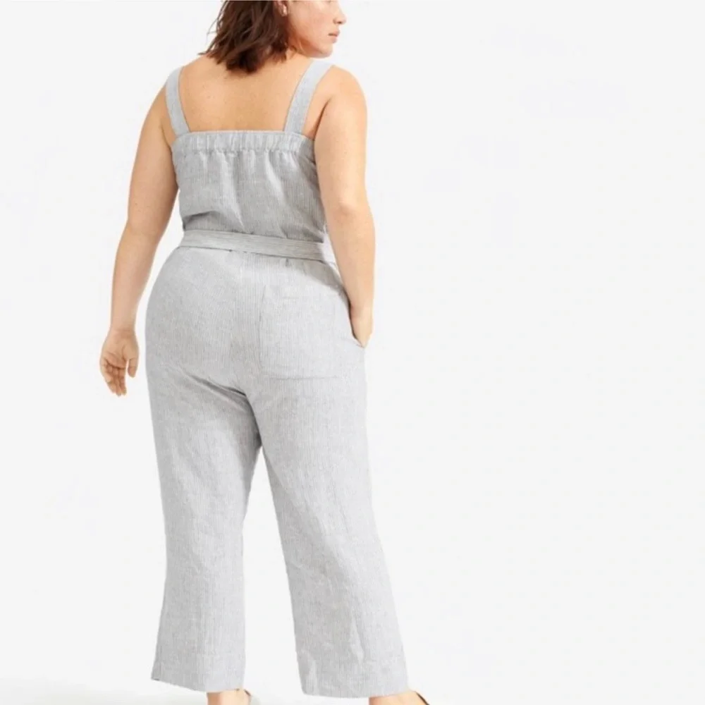 Everlane square neck Women's striped Gray Jumpsuit 100% linen plus Sz 16